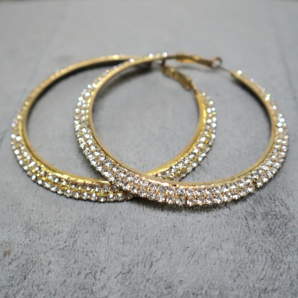 Kitson double tier cascading rhinestone pave hoop statement earrings gold Large